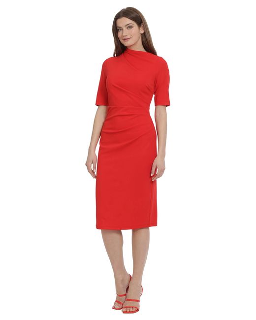 Maggy London Red S Dresses Side Pleat With Asymmetric Neck And Elbow Sleeves