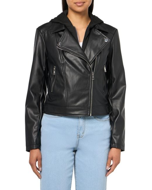 Guess Women's Black Dexa Logo Hoodie Faux Leather Jacket