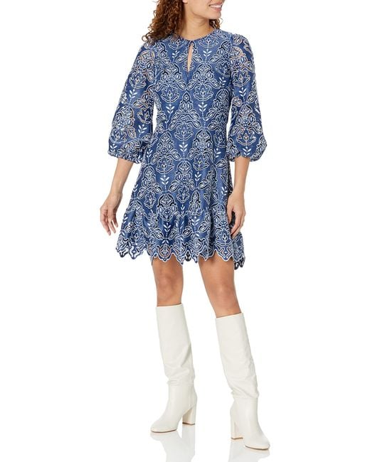 Shoshanna Blue Luisa Denim Melange Cutout Lace Mini Dress