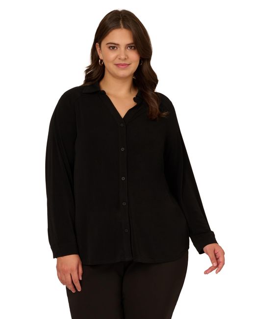 Adrianna Papell Black Plus Size Knit Button Front V-neck