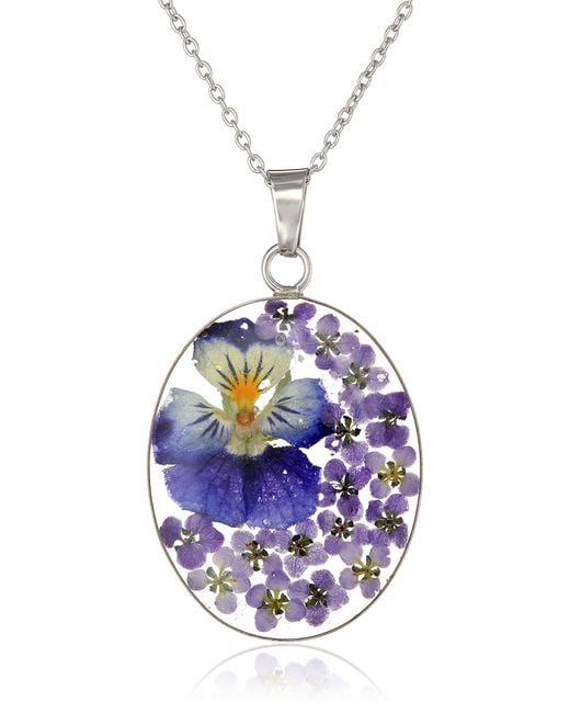 Amazon Essentials Multicolor Sterling Silver Multi Pressed Flower Oval Pendant Necklace