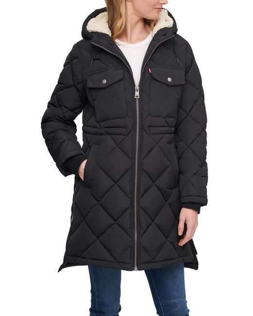 Levi's Soft Sherpa Lined Diamond Quilted Long Parka Jacket in Black Lyst