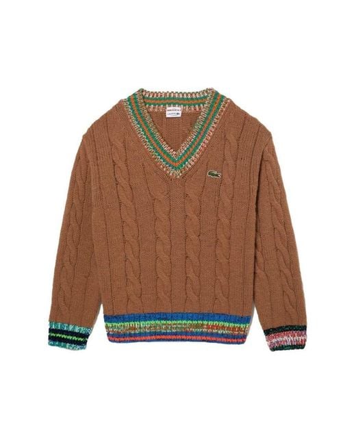 Lacoste Brown Long Sleeve V-neck Colorblock Cableknit Sweater for men