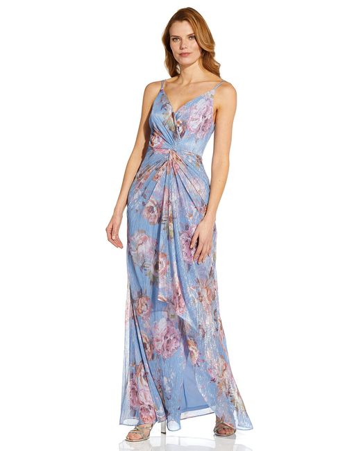 Adrianna Papell Print Metallic Crinkle Gown in Blue Lyst