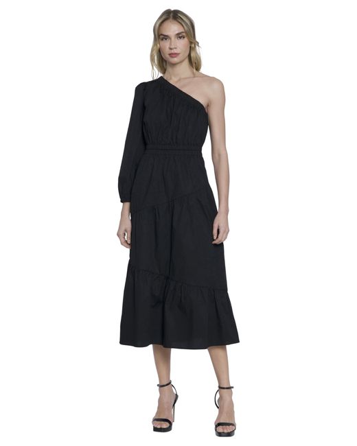 Donna Morgan Black One Shoulder Long Sleeve Line Midi S Dresses