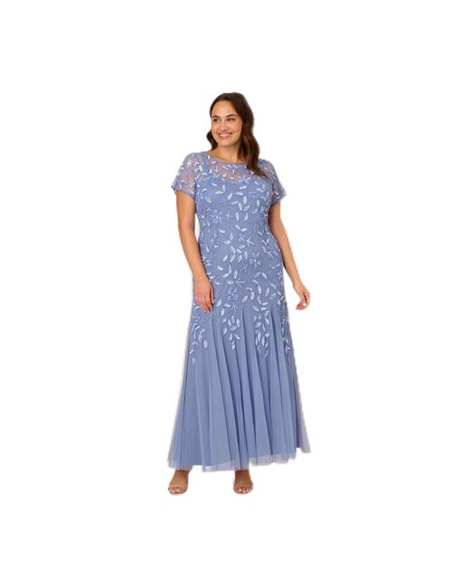 Adrianna Papell Blue Bead Long Dress With Godets