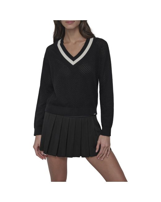 DKNY Black Long Sleeve V-neck Soft Mesh Sweater