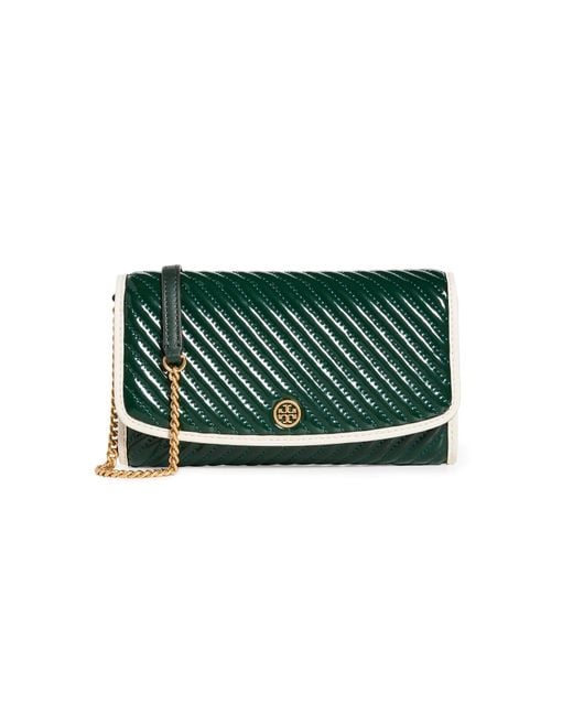 Tory Burch Green Robinson Patent Puffy Quilted Chain Wallet
