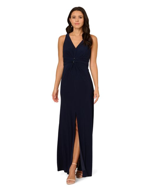 Adrianna Papell Blue Shirred Mermaid Jersey Gown