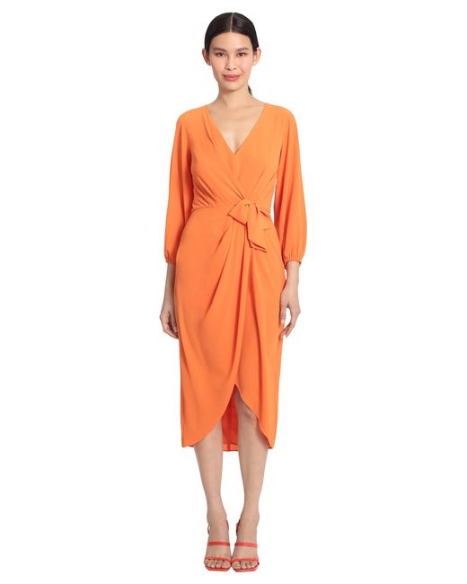Maggy London Orange Long Sleeve V-neck Faux Wrap Crepe Dress Event Party Occasion Guest Of