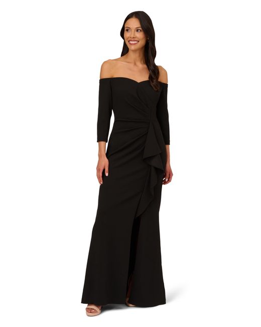 Adrianna Papell Black Off Shoulder Crepe Gown