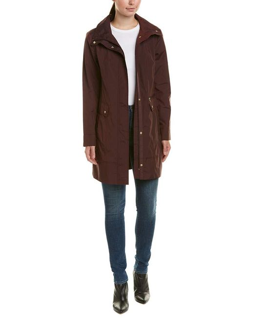 Cole Haan Brown Womens Packable Hooded Jacket With Bow Raincoat