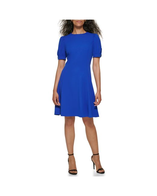 DKNY Blue Short Sleeve Fit And Flare Jewel Neck Dress