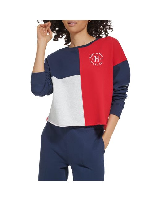 Tommy Hilfiger Red Slightly Cropped Color Blocked Printed Chest & Sleeve Graphic Crew