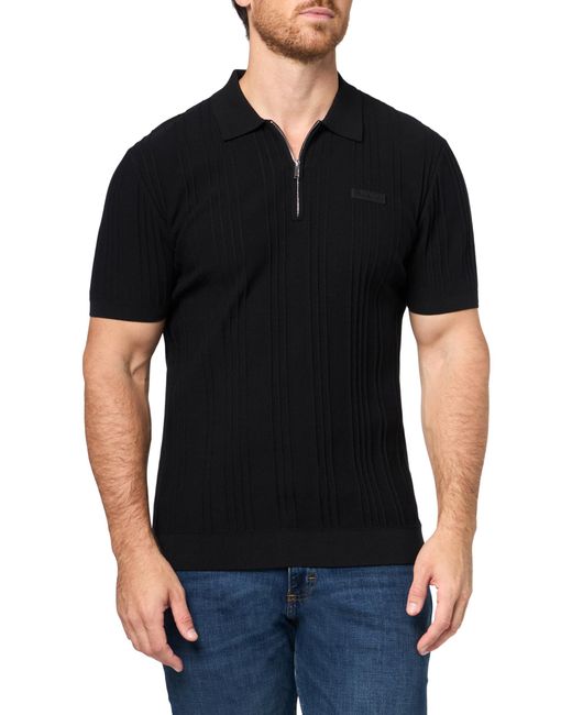 Karl Lagerfeld Black Paris Ribbed Textured Short Sleeve Polo for men