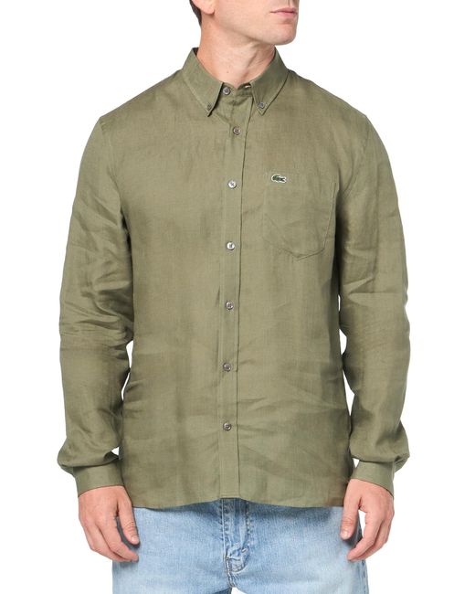 Lacoste Green Long Sleeve Regular Fit Linen Casual Button Down Shirt W/front Pocket for men