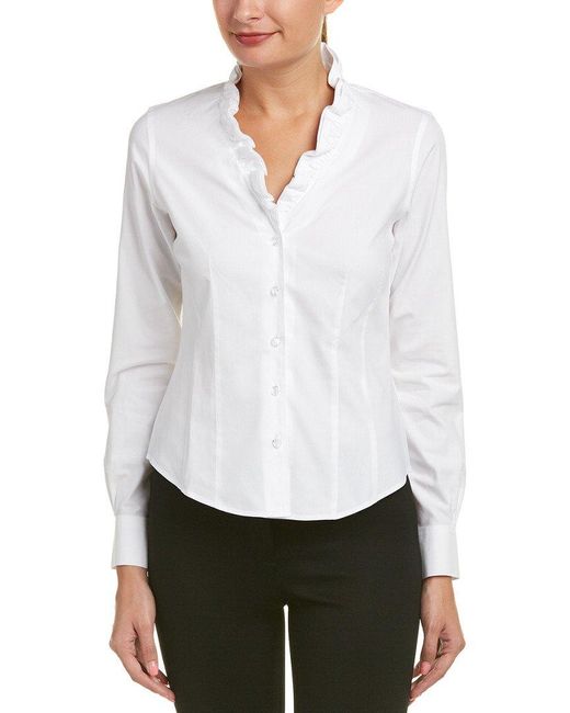 Brooks Brothers White Fitted Long Sleeve Non-iron Stretch Ruffle Neck Blouse