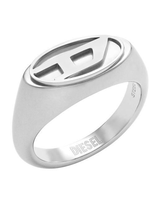 DIESEL Metallic Silver Stainless Steel Logo Signet Ring for men