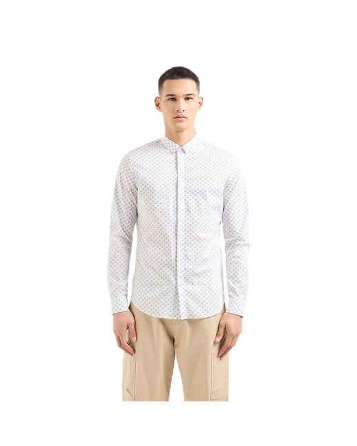 Emporio Armani White A | X Armani Exchange Long Sleeve Micro Print Button Down Shirt. Slim Fit for men