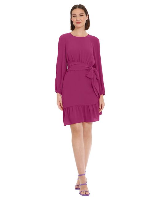 Donna Morgan Purple Long Sleeve Asymmetrical Hem Flounce Dress With Waist Tie Event Party Occasion Guest Of