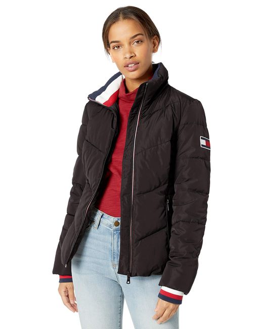 tommy hilfiger long chevron quilted puffer coat