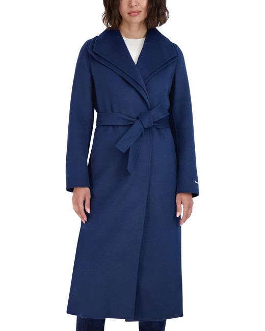 Tahari Blue Maxi Double Face Wool Blend Wrap Coat