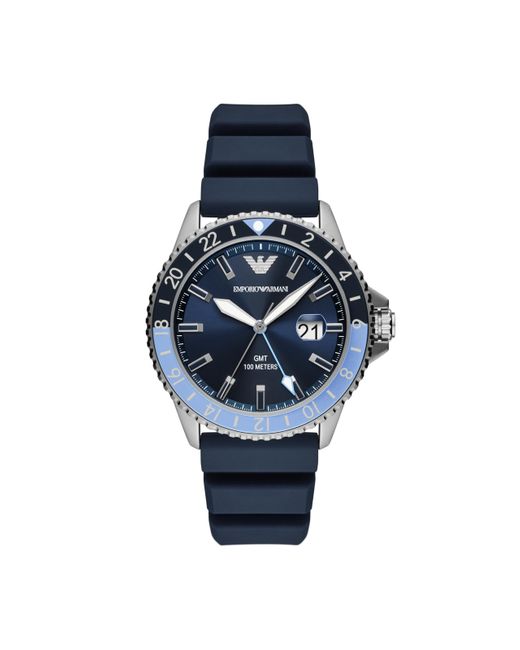 Emporio Armani Gmt Dual Time Silver And Blue Silicone Band Watch for men