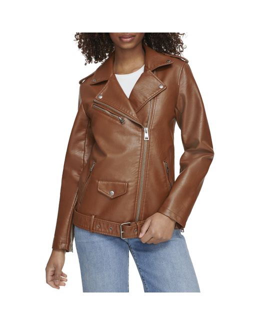 Levi's Oversized Faux Leather Belted Motorcycle Jacket in Brown | Lyst