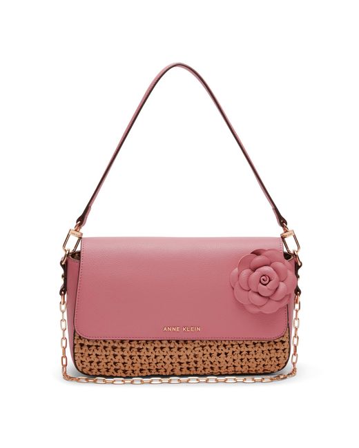 Anne Klein Pink Soft Straw Flap Shoulder Bag With Floral Applique