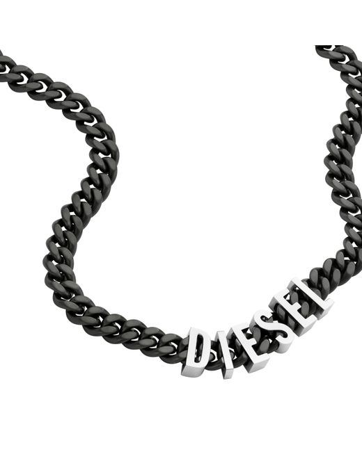 DIESEL Brown Logo Gunmetal Gray And Silver Two-tone Stainless Steel Chain Necklace for men