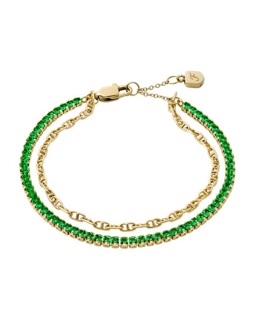 Fossil Green Heritage D-link Glitz Gold-tone Brass Chain Tennis Bracelet