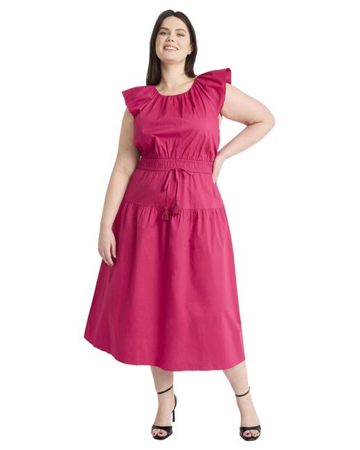 Maggy London Pink Elegant Midi A-line Smocked Waist Flutter Sleeve-tiered Skirt Versatile Wedding Guest Dresses