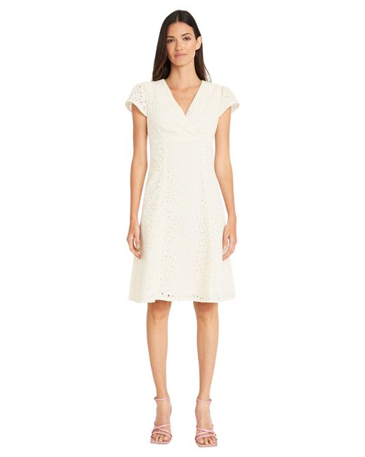 Maggy London White V-neck Cap Sleeve Knee Length Fit And Flare Summer Dress For