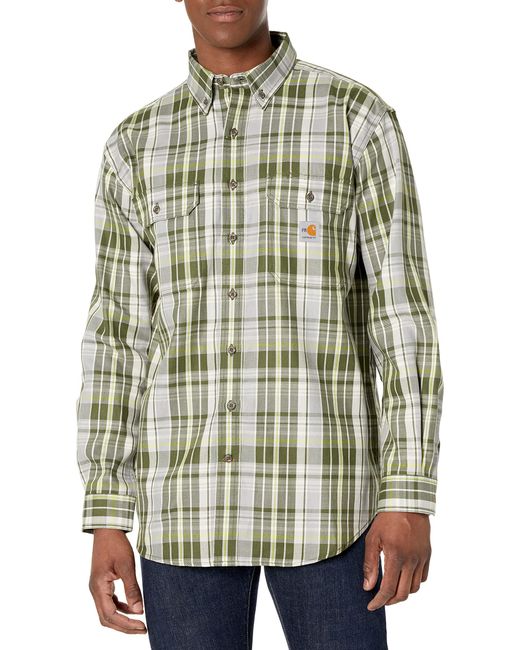 Carhartt Green Big Flame Resistant Force Rugged Flex Loose Fit Midweight Twill Plaid Shirt for men