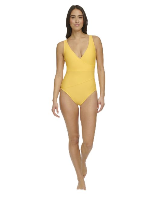 Tommy Hilfiger Yellow Basic V-neck Wrapped Over The Shoulder One Piece Swimsuit