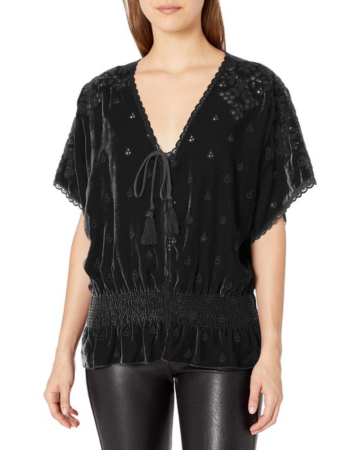 Johnny Was Black For Love And Liberty Velvet Smocked Eyelet Top