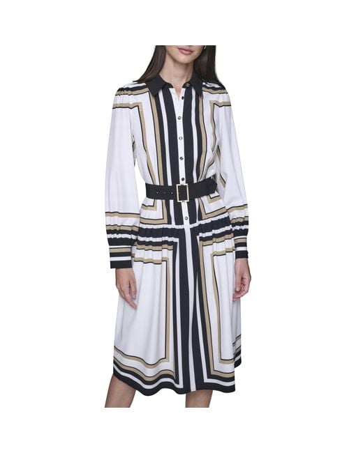 Karl Lagerfeld White Paris Collared Printed Silky Crepe Belted Midi Dress