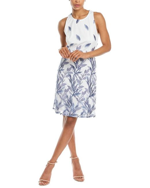 Adrianna Papell Blue Leaf Embroidered A-line Dress