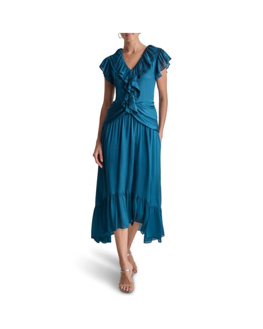 DKNY Women's Blue Sleeveless V-neck High Low Hem Ruffle Front Midi Dress -  www.disolcolor.com