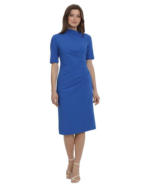 Maggy London Blue Side Pleat Dress With Asymmetric Neck And Elbow Sleeves