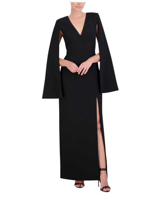 BCBGMAXAZRIA Black V Neck Evening Maxi Dress With Long Cape Sleeves