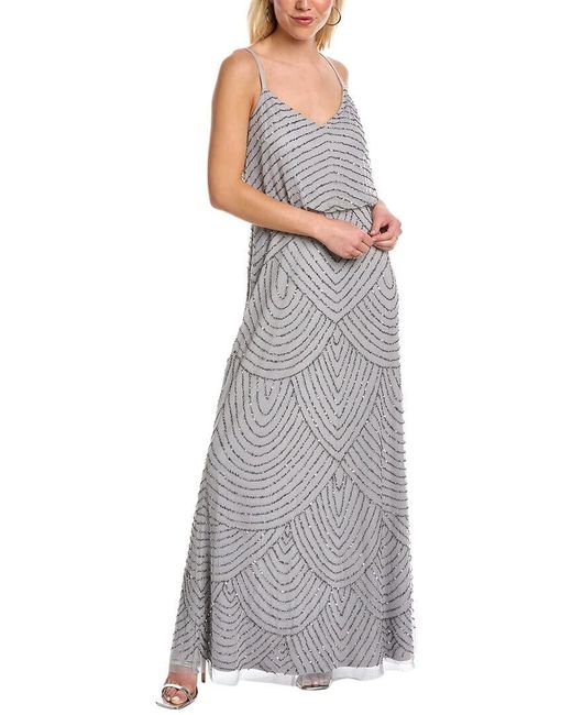 Adrianna Papell Gray Art Deco Beaded Blouson Gown