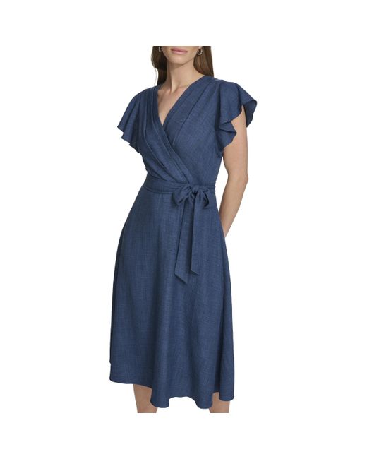 DKNY Blue Flutter Sleeve Tie Fit & Flare Midi Dress