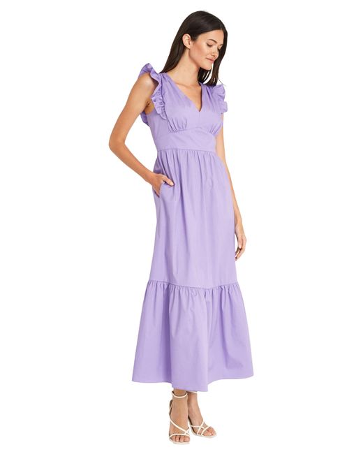 Maggy London Purple V-neck Ruffle Details Cotton Poplin Maxi Dress