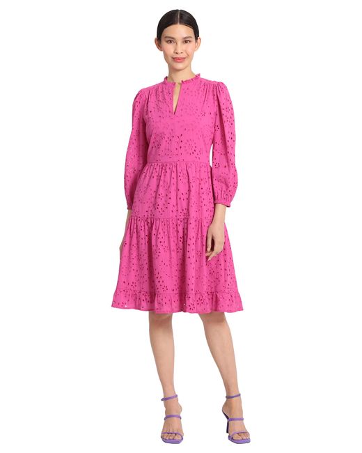 Maggy London Pink Mini Ruffle Mock Neck Eyelet Dress With Tiered Skirt