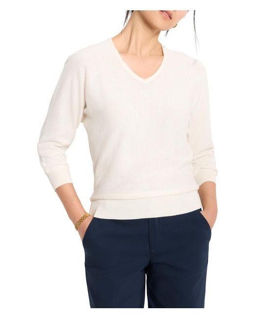 NIC+ZOE White Nic+zoe Petite Easy V-neck Pure Cotton Sweater