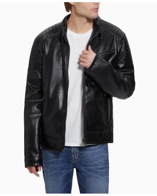 Guess Black Alexander Hooded Faux Leather Jacket for men