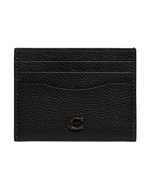 COACH Flat Card Case In Pebble Leather W/sculpted C Hardware Branding Black One Size