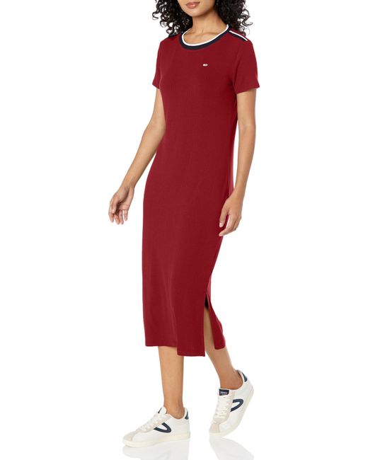 Tommy Hilfiger Red Short-sleeve Midi Dress With Stripe Detail