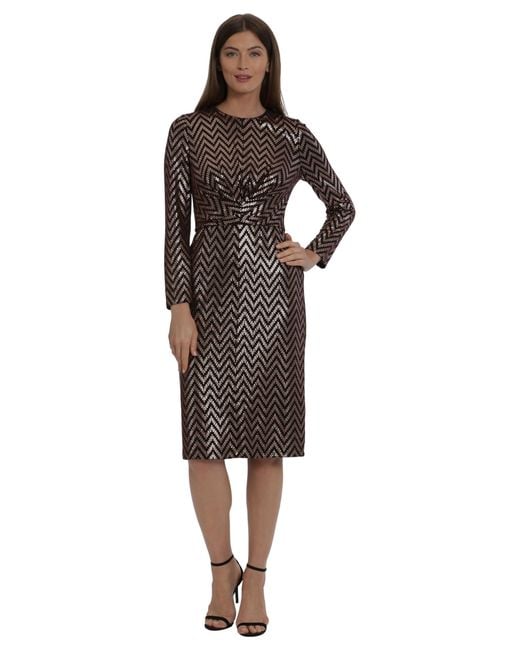 Maggy London Multicolor Long Sleeve Sparkle Knit Gathered Midi Dress Holiday Occasion Party